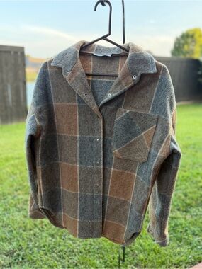 Jack Winter 100% Wool Plaid Oversized Shacket Jacket Brown Gray